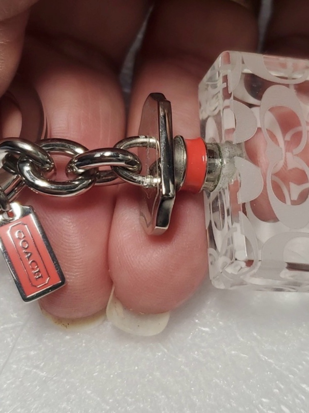 Coach Vintage Clear Acrylic Perfume Bottle Bag Charm Keychain with Coral Accent - Picture 3 of 3